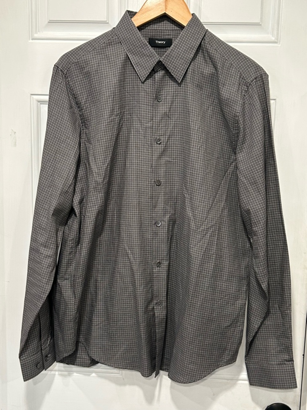 Theory Men’s Button Down 100% Cotton Shirt Houndstooth Gray Black Large